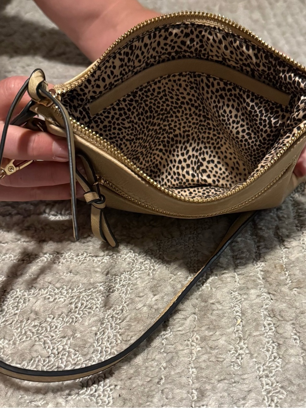 Buckskin Tan Crossbody Bag with Leopard Print Lining